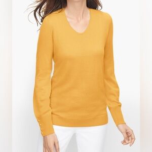 Talbots Merino Wool V-Neck Sweater Yellow Pearl Button Cuffs Size M